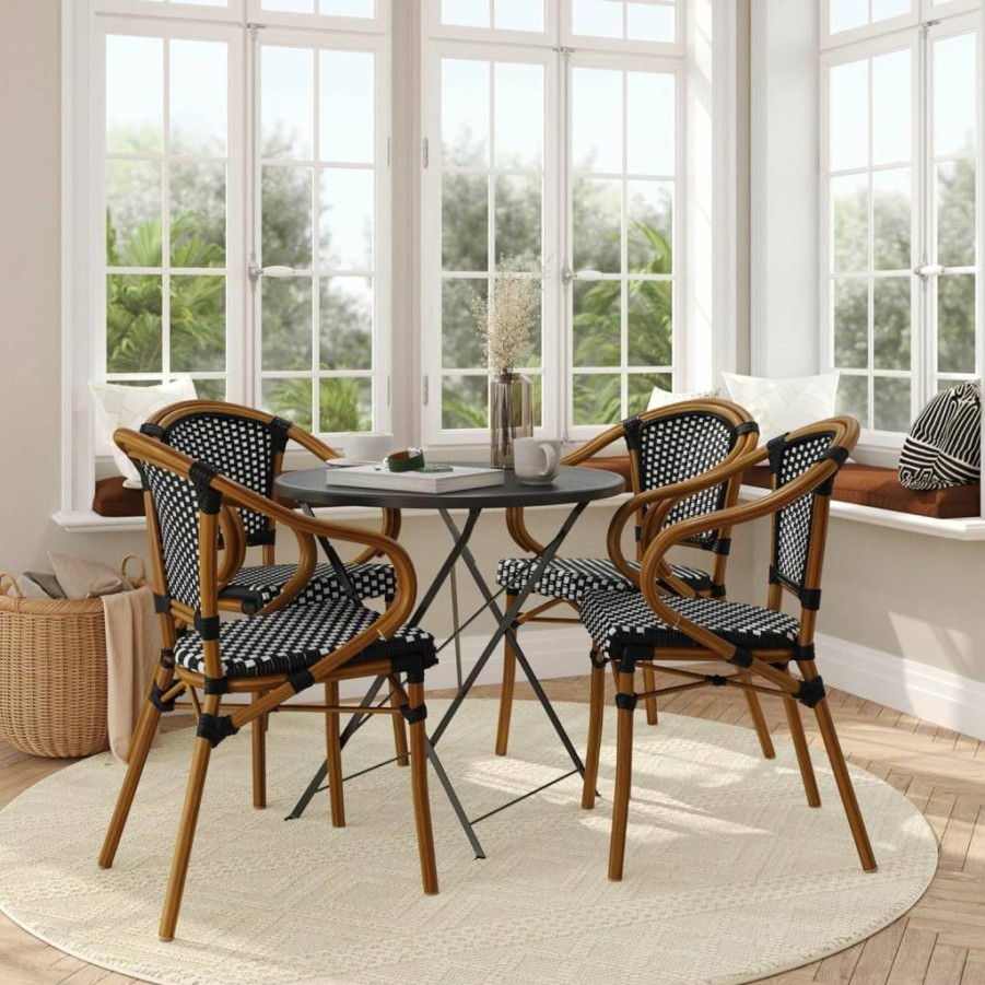 Flash Furniture Bordeaux Commercial Bistro Chair - Navy/White PE Rattan Seat, Curved Arms, Stackable Indoor Outdoor Dining Chair with Bamboo Print Metal Frame