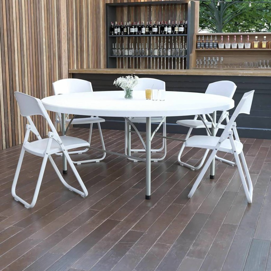 Flash Furniture 4-Foot Round Bi-Fold Plastic Folding Table - Portable White Event Table with Handle for Indoor Outdoor Use