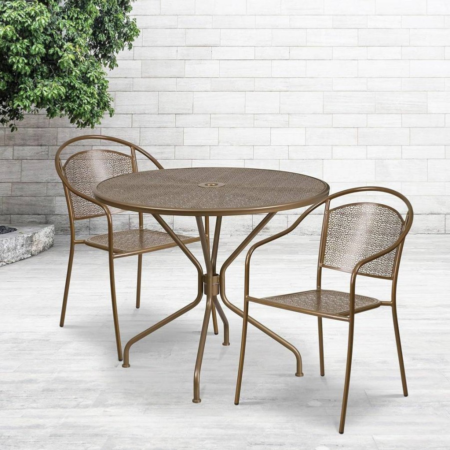 Flash Furniture 35.25" Round Black Steel Patio Table Set with 2 Chairs, Indoor-Outdoor Commercial Grade Dining Set