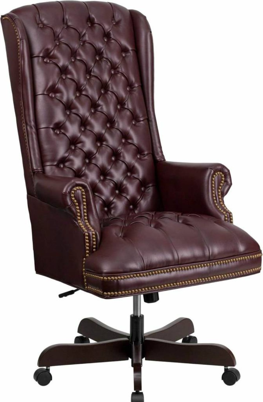 Flash Furniture Ergonomic High Back Executive Office Chair - Burgundy Leathersoft Swivel with Arms, Fully Tufted Traditional Design