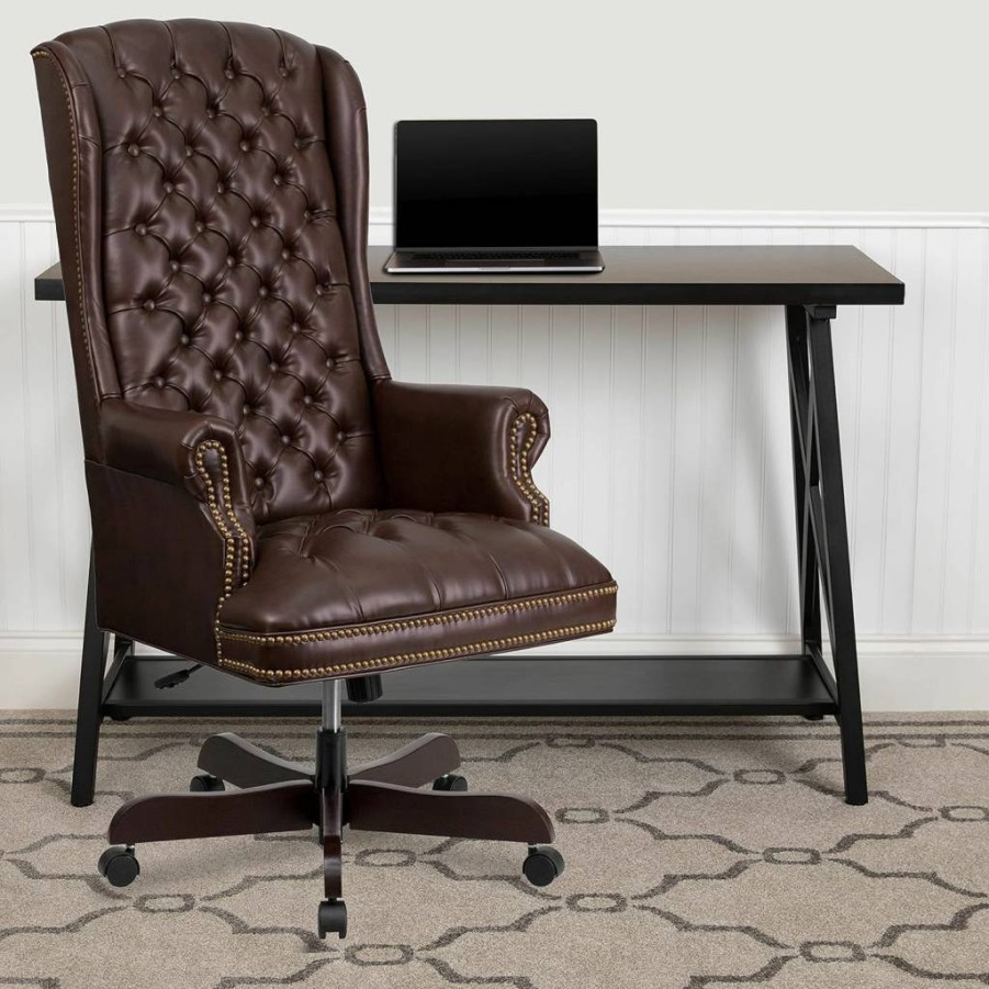 Flash Furniture Ergonomic High Back Executive Office Chair - Burgundy Leathersoft Swivel with Arms, Fully Tufted Traditional Design