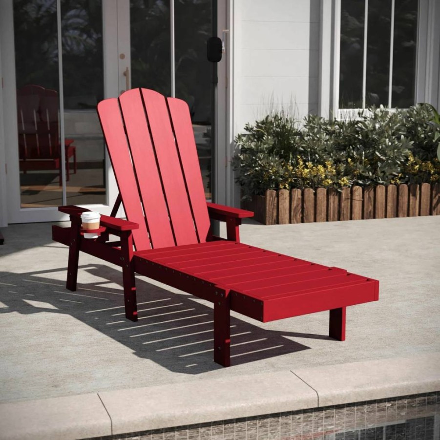 Flash Furniture Commercial Grade Sonora Adjustable Adirondack Lounge Chair with Cup Holder - All-Weather Recycled HDPE Indoor/Outdoor Use, Blue