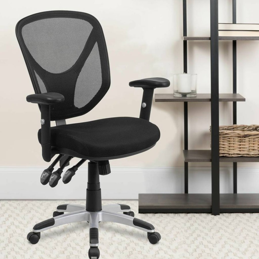 Flash Furniture Sam Mid-Back Ergonomic Office Chair - Black Mesh Swivel Task Chair with Adjustable Arms