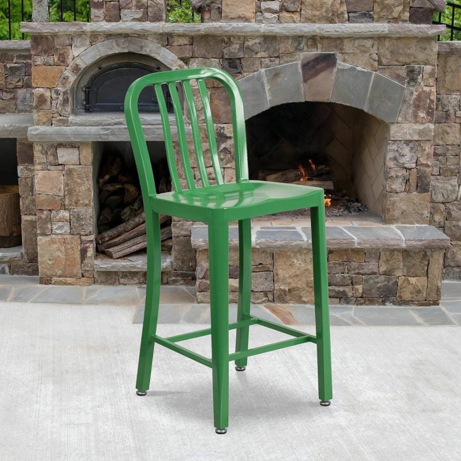 Flash Furniture 24" White Metal Counter Height Stool - Indoor/Outdoor Use with Vertical Slat Back, Commercial Grade
