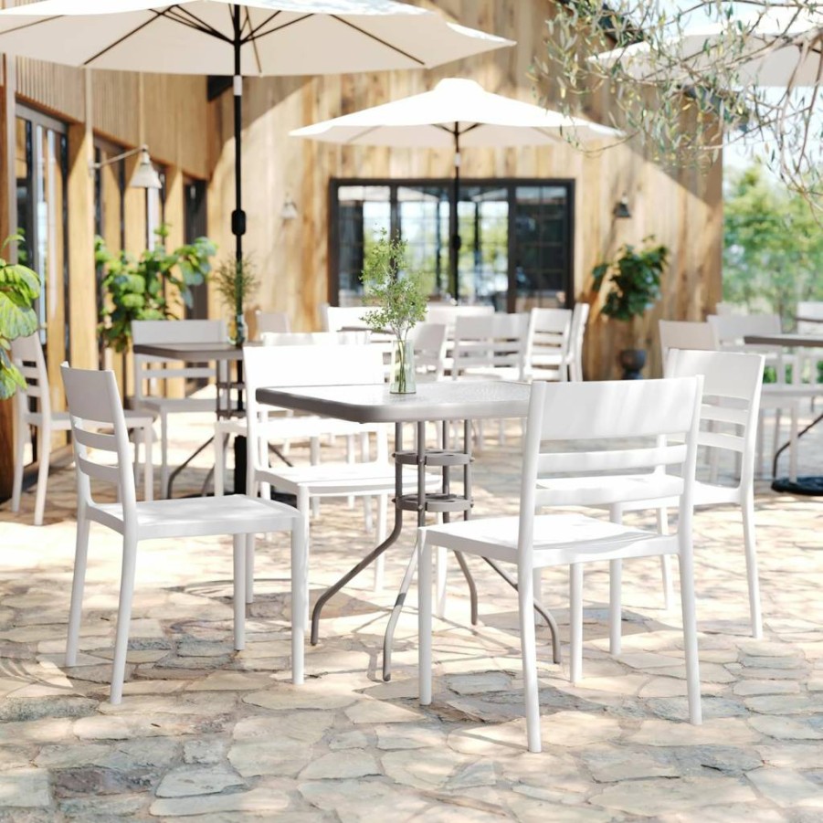Flash Furniture 2-Pack White All-Weather Resin Stacking Patio Chairs with Slat Back & Contoured Seat for Indoor-Outdoor Commercial Use
