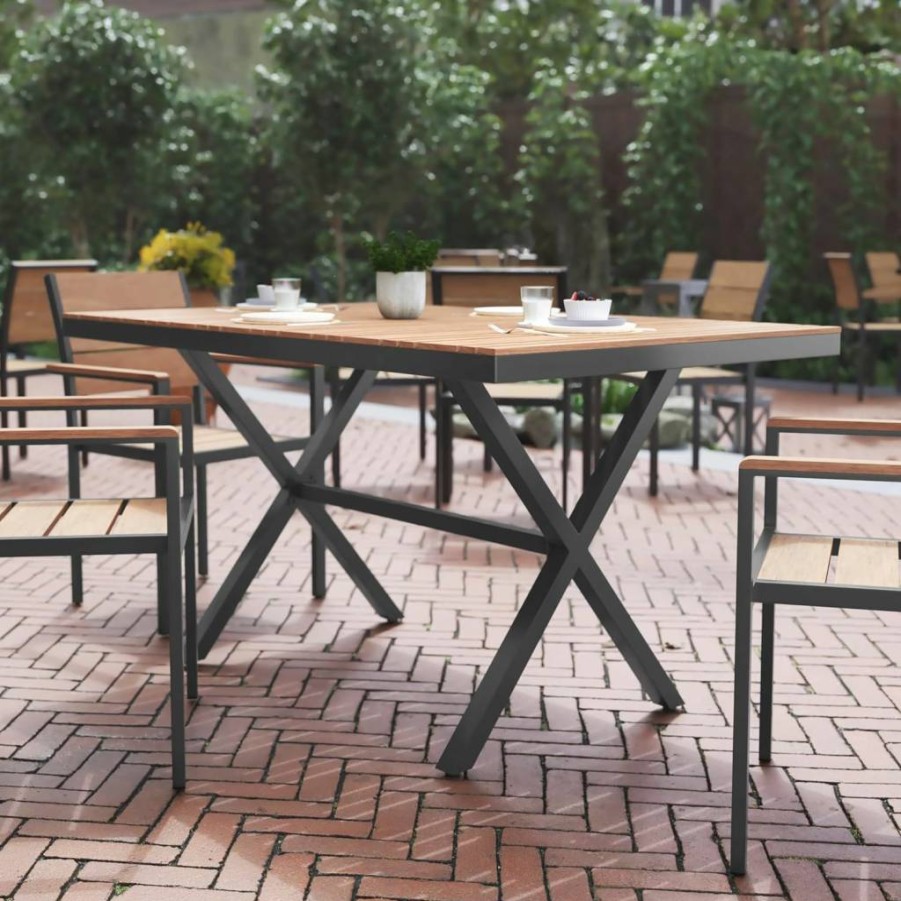 Flash Furniture Commercial Grade X-Frame Outdoor Dining Table 59x35.5 Inch - Durable Faux Teak Poly Slats & Metal Frame in Natural Gray - Weather-Resistant Patio Table