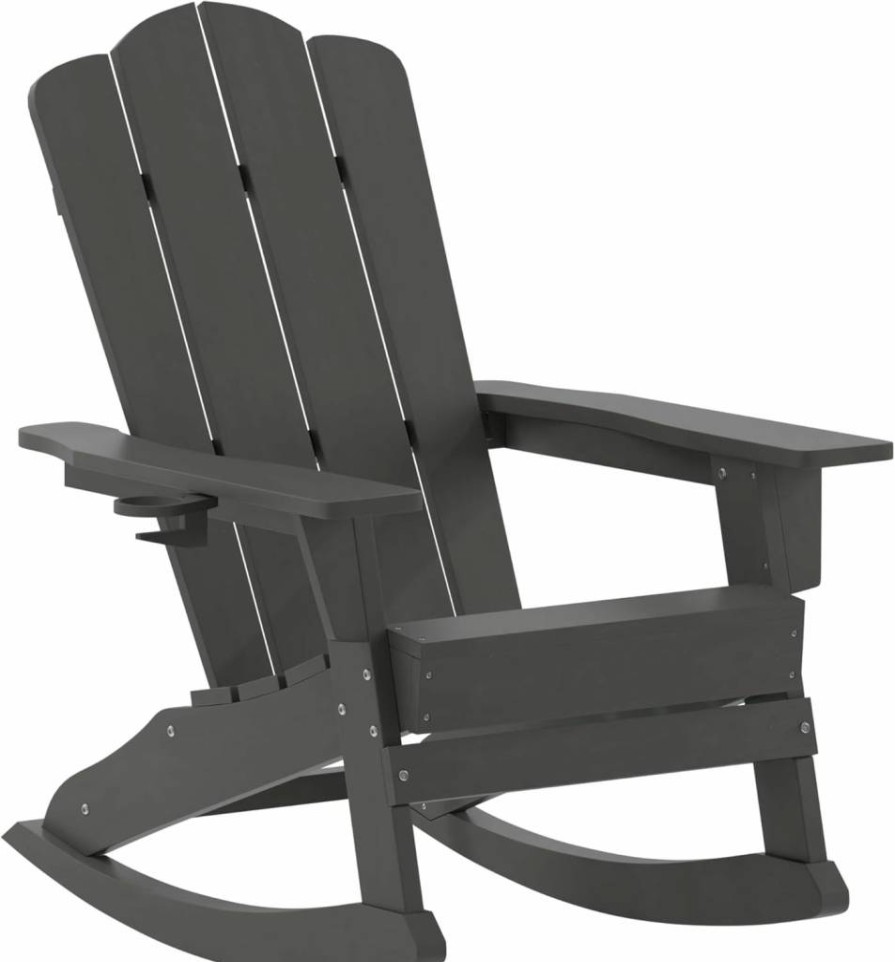 Flash Furniture Newport Blue Poly Resin Adirondack Rocking Chair with Cup Holder - Weather-Resistant Outdoor Patio Furniture