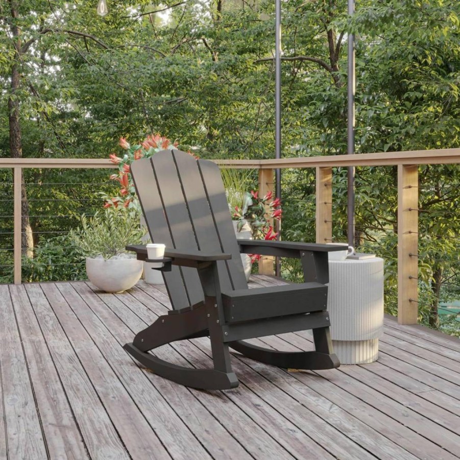 Flash Furniture Newport Blue Poly Resin Adirondack Rocking Chair with Cup Holder - Weather-Resistant Outdoor Patio Furniture