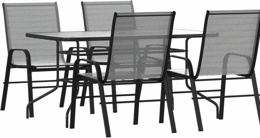 Flash Furniture Brazos 5-Piece Outdoor Dining Set with Gray Flex Comfort Stacking Chairs and 55-Inch Tempered Glass Table (Umbrella Hole Included)