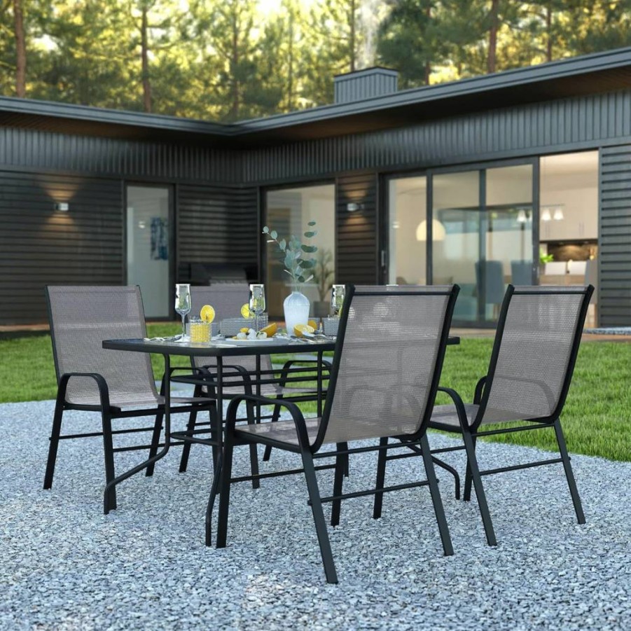 Flash Furniture Brazos 5-Piece Outdoor Dining Set with Gray Flex Comfort Stacking Chairs and 55-Inch Tempered Glass Table (Umbrella Hole Included)