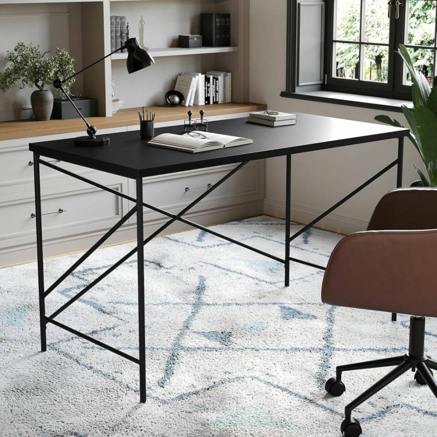 Martha Stewart Maddox Parsons Desk - Black Wood Grain Finish with Oil Rubbed Bronze X-Frame Metal Base Home Office Desk