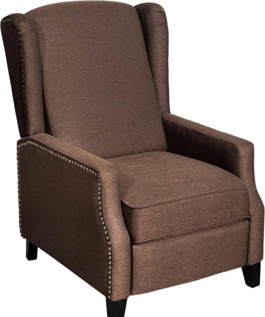 Flash Furniture Prescott Slim Wingback Recliner Chair - Brown Polyester Fabric, Pocket Spring Seat, Traditional Push Back Design with Nail Trim Accent