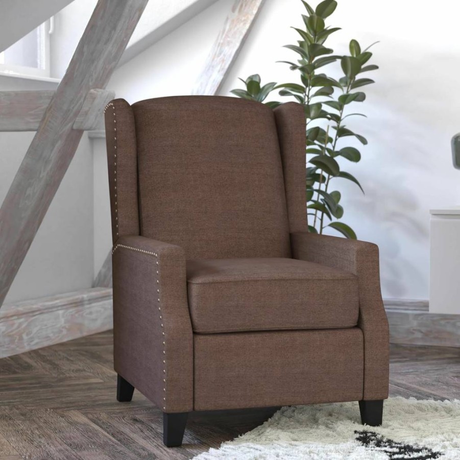 Flash Furniture Prescott Slim Wingback Recliner Chair - Brown Polyester Fabric, Pocket Spring Seat, Traditional Push Back Design with Nail Trim Accent