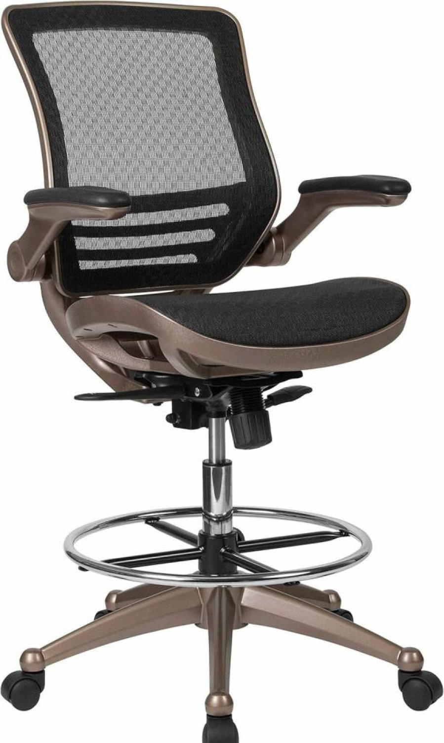Flash Furniture Waylon Ergonomic Mesh Office Chair - Mid-Back Swivel with Adjustable Height, Foot Ring & Armrests - Black/Gold Design