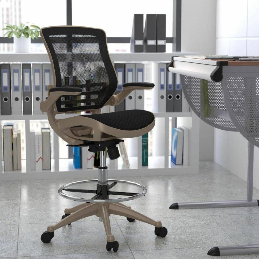 Flash Furniture Waylon Ergonomic Mesh Office Chair - Mid-Back Swivel with Adjustable Height, Foot Ring & Armrests - Black/Gold Design