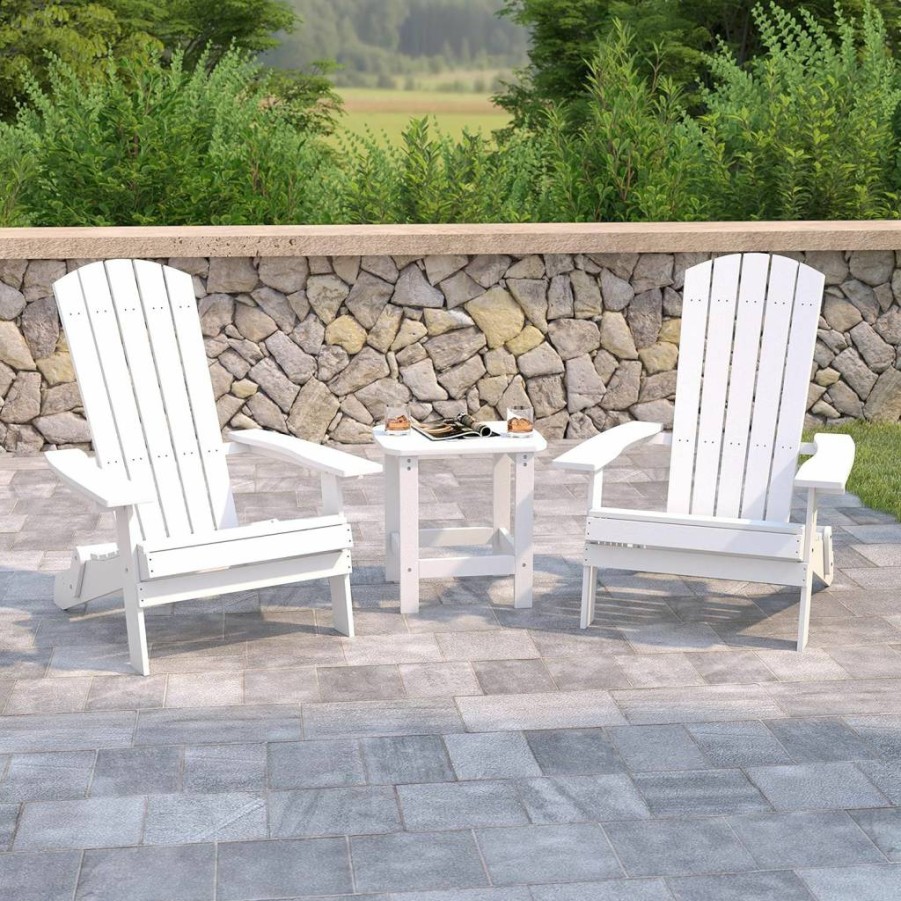 Flash Furniture 2-Pack All-Weather Poly Resin Folding Adirondack Chairs with Side Tables, Commercial Outdoor Patio Seating Set
