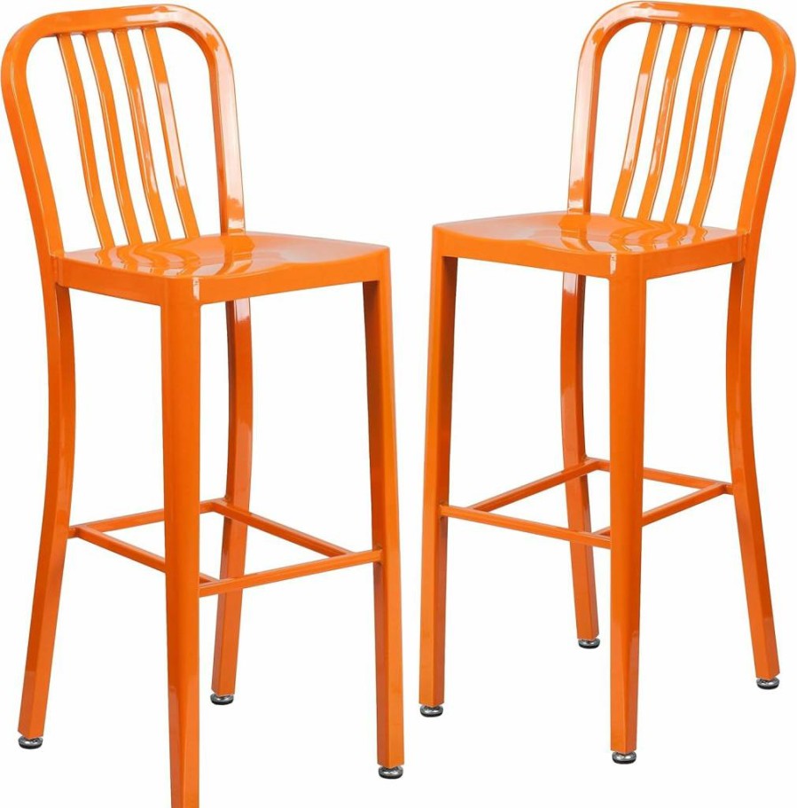 Flash Furniture 2-Pack 30" Black Metal Bar Stools with Slat Back for Indoor & Outdoor Use - Commercial Grade Gael Series