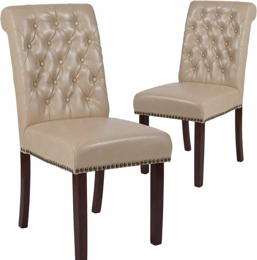 Flash Furniture Hercules Series Black LeatherSoft Parsons Chair - Rolled Back Design with Accent Nail Trim & Walnut Finish - Stylish Dining or Office Chair
