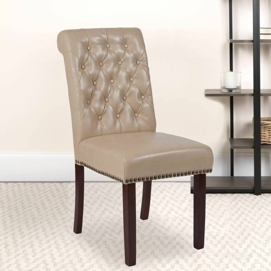 Flash Furniture Hercules Series Black LeatherSoft Parsons Chair - Rolled Back Design with Accent Nail Trim & Walnut Finish - Stylish Dining or Office Chair