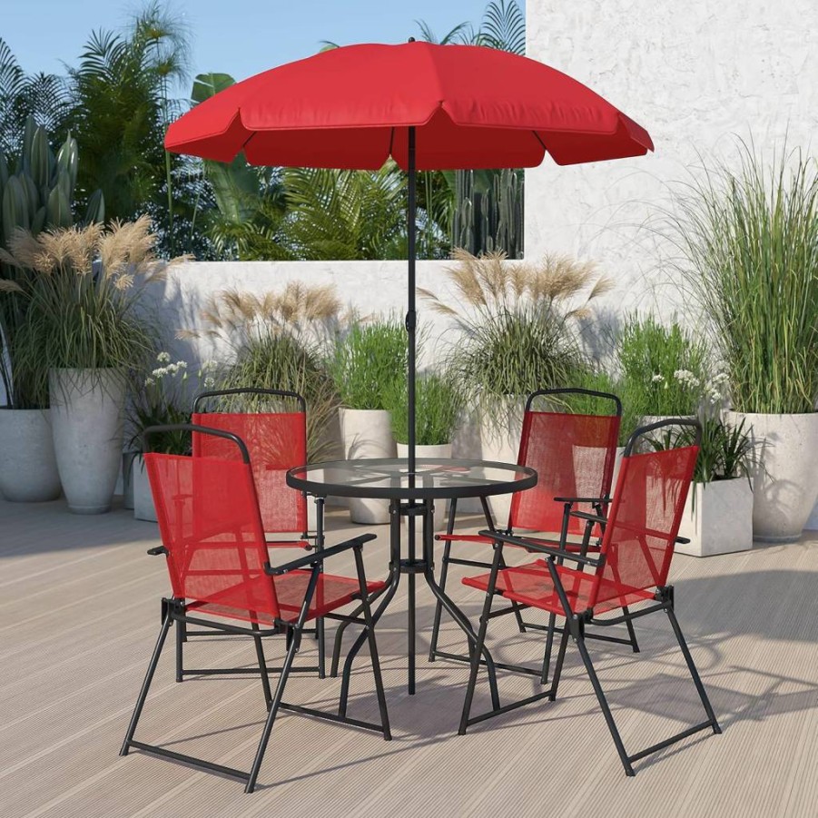 Flash Furniture Red Glass Top Outdoor Patio Dining Set with Chairs GM-202012-RD-GG