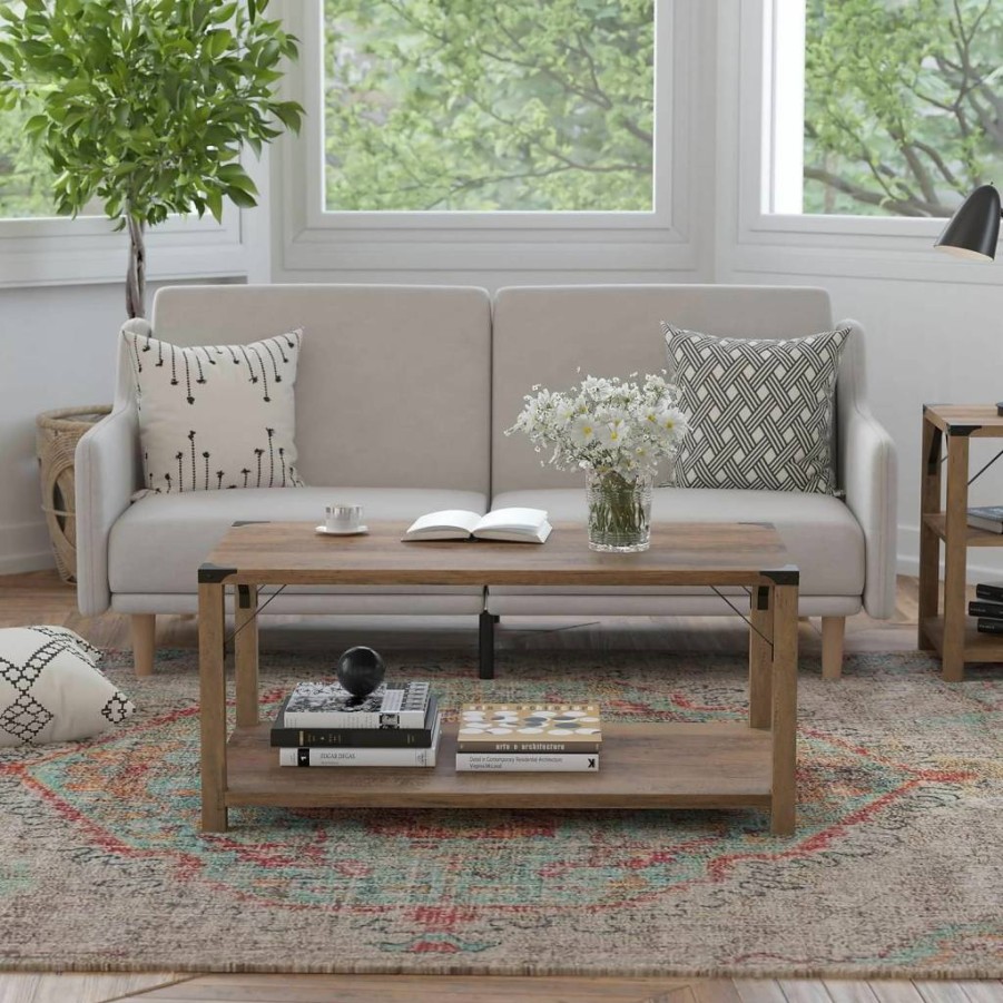 Flash Furniture Wyatt Modern Farmhouse Coffee Table - Gray Wash Wood Frame with Black Metal Crisscross Design