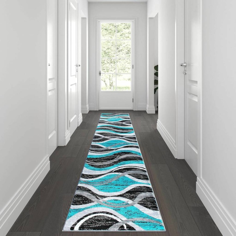 Flash Furniture Wisp Collection Turquoise Olefin Area Rug 2x11 - Rippled Design with Jute Backing for Living Room, Bedroom, Entryway