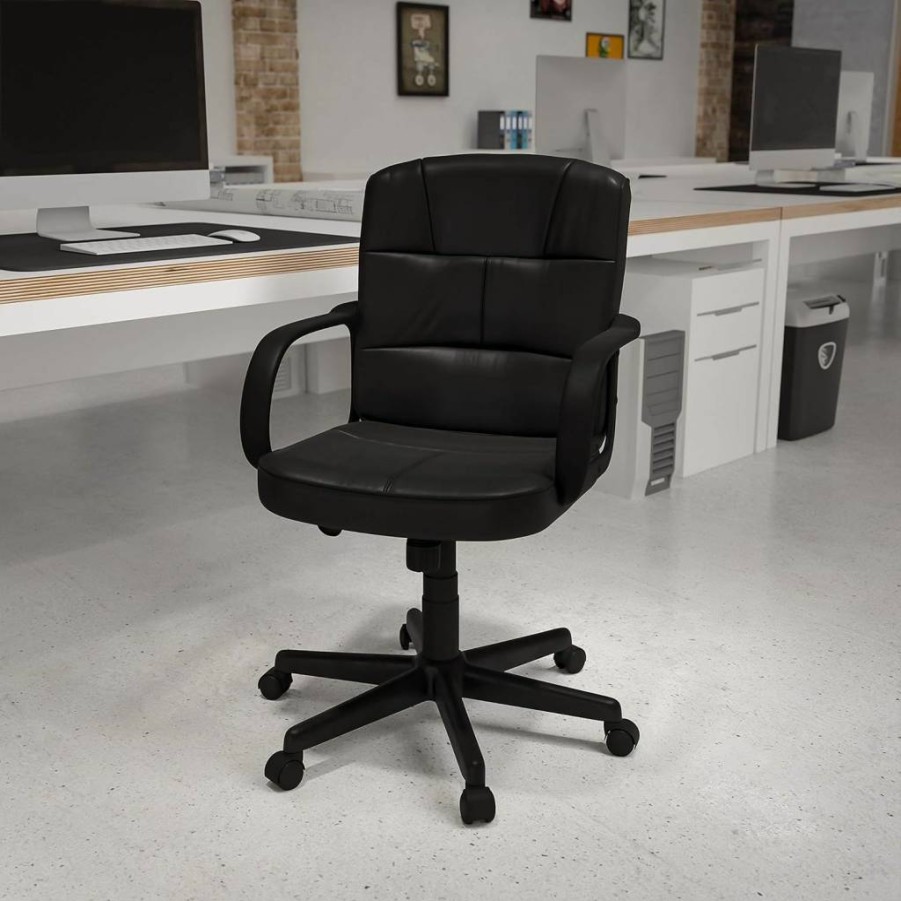 Flash Furniture Mid-Back Black Leathersoft Swivel Office Chair with Arms - Ergonomic Task Chair for Home & Workspace