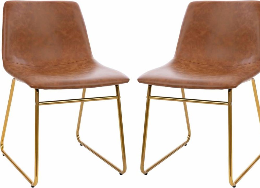 Flash Furniture 18" Leathersoft Dining Chairs Set of 2 - Mid-Century Modern Bucket Style, Light Brown/Gold, Table Height