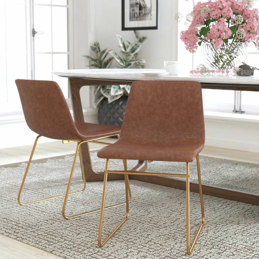 Flash Furniture 18" Leathersoft Dining Chairs Set of 2 - Mid-Century Modern Bucket Style, Light Brown/Gold, Table Height