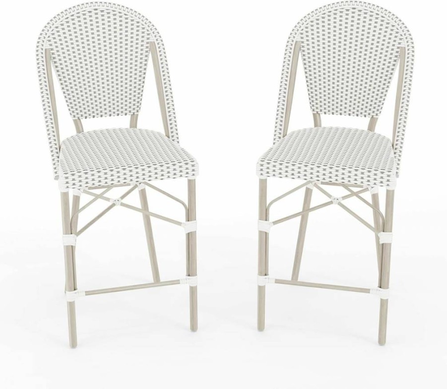 Martha Stewart 2-Piece Stackable Indoor-Outdoor Counter Stools with Gray Woodgrain Aluminum Frame and Woven Rattan Seats