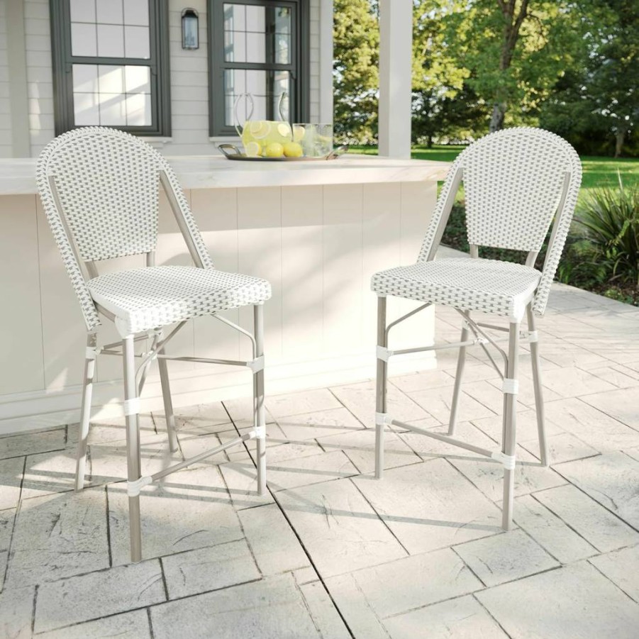 Martha Stewart 2-Piece Stackable Indoor-Outdoor Counter Stools with Gray Woodgrain Aluminum Frame and Woven Rattan Seats