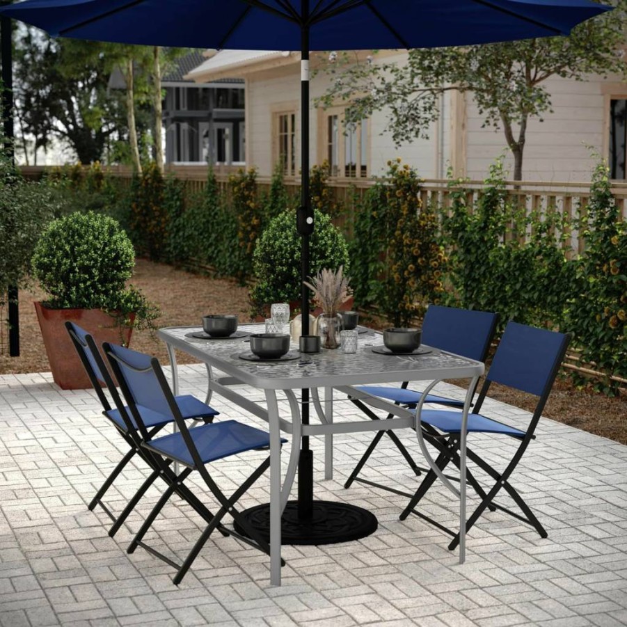Flash Furniture Tory 35" x 59" Black Rectangle Patio Table with Umbrella Hole - Commercial-Grade All-Weather Steel Frame & Tempered Glass Top