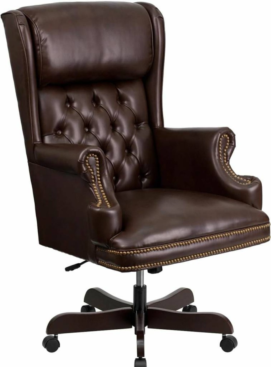 Flash Furniture Black Leathersoft Executive Office Chair with High Back, Tufted Design, Oversized Headrest & Nail Trim Arms – Ergonomic Support for Comfort