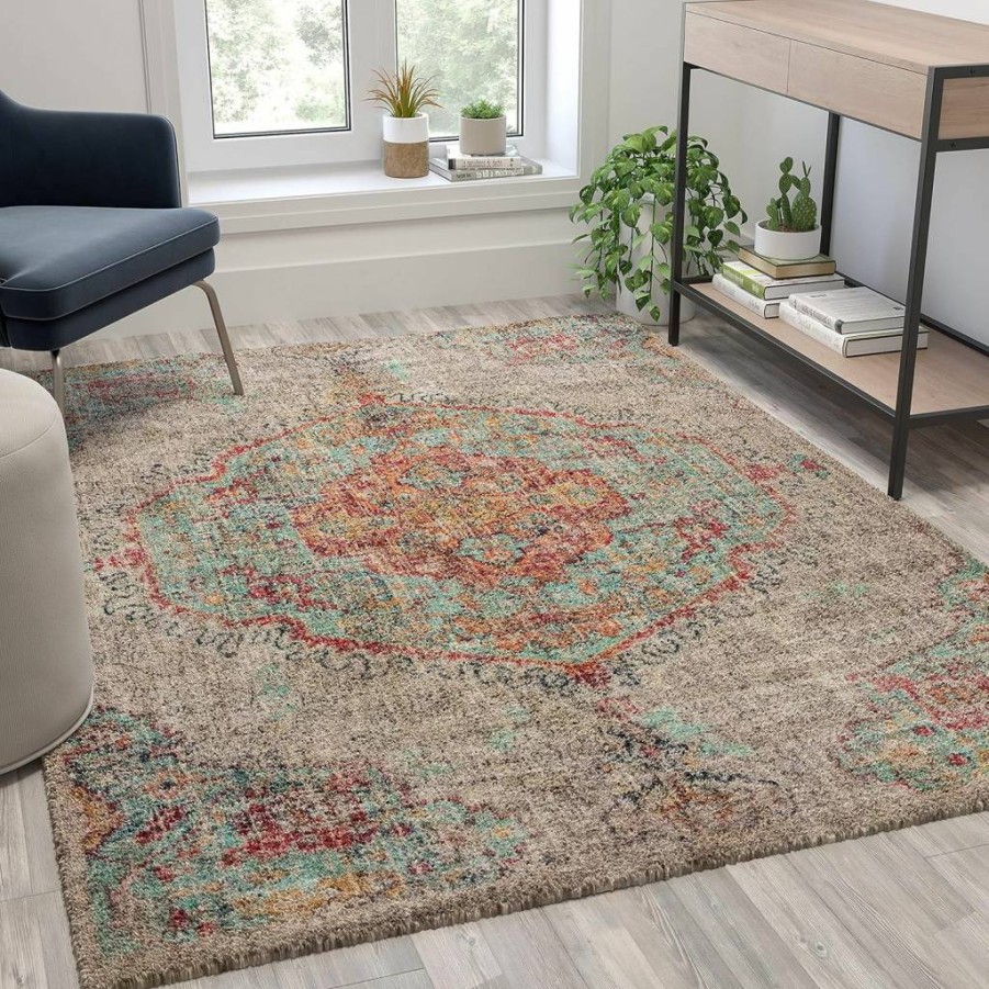 Flash Furniture 8x10 Vintage Distressed Medallion Area Rug - Gray Multi Polyester Indoor Rug for Living Room, Bedroom