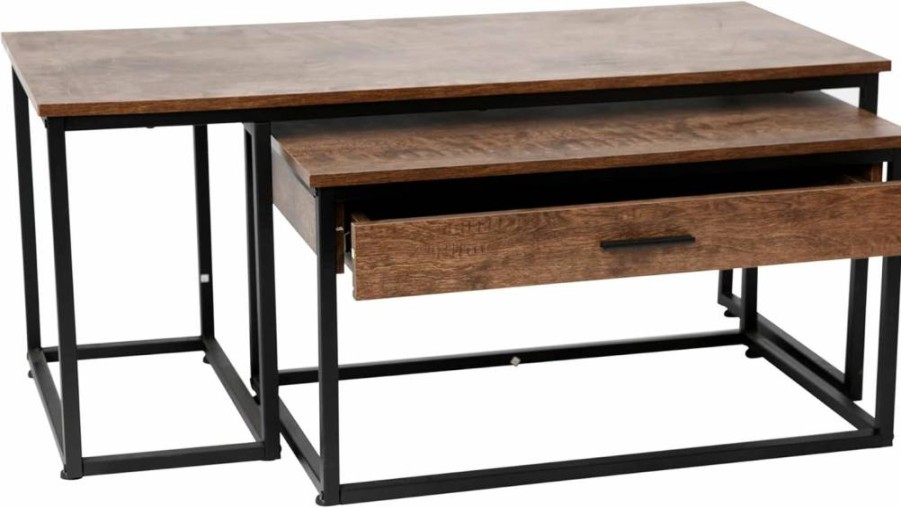Flash Furniture Emerson 2-Piece Nesting Coffee Table Set with Walnut Engineered Wood Top, Black Sled Base & Storage Drawer