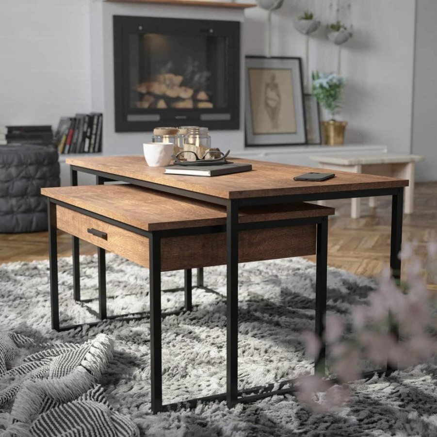 Flash Furniture Emerson 2-Piece Nesting Coffee Table Set with Walnut Engineered Wood Top, Black Sled Base & Storage Drawer