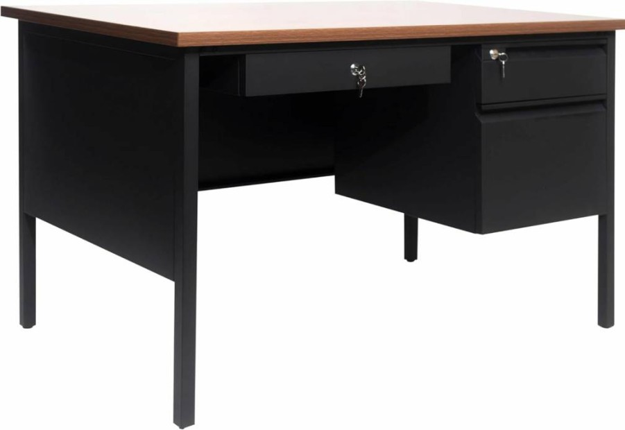 Flash Furniture Cambridge Single Pedestal Office Desk - 30x48 Inch, Walnut/Black, 3 Locking Drawers, Metal Frame, Commercial Grade Teacher & Workstation Desk