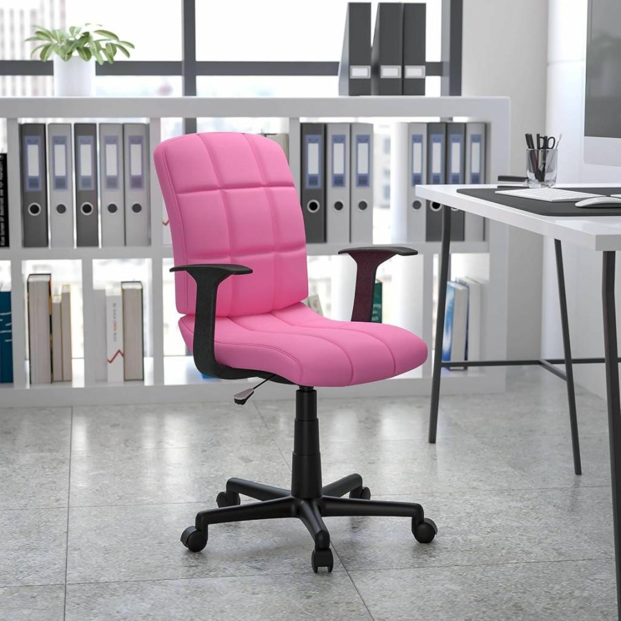 Flash Furniture Clayton Pink Quilted Vinyl Swivel Office Chair with Mid-Back and Arms