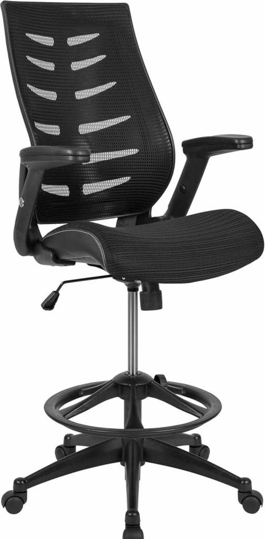 Flash Furniture Kale Ergonomic Drafting Chair - High Back Dark Gray Mesh with Adjustable Foot Ring & Flip-Up Arms, Spine Support Office Chair