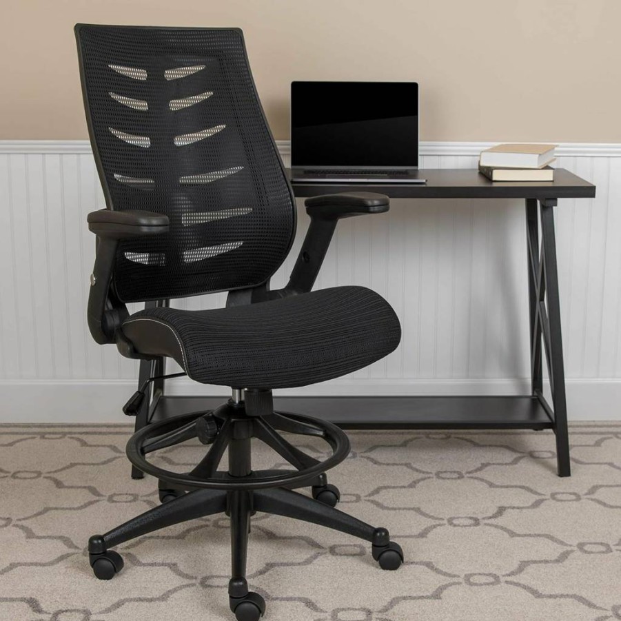 Flash Furniture Kale Ergonomic Drafting Chair - High Back Dark Gray Mesh with Adjustable Foot Ring & Flip-Up Arms, Spine Support Office Chair