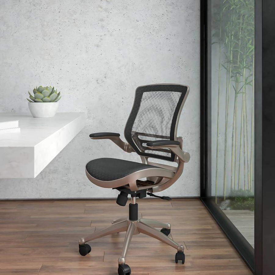 Flash Furniture Mid-Back Mesh Office Chair with Swivel & Flip-Up Arms - Transparent Black Mesh & Gold Frame Executive Chair