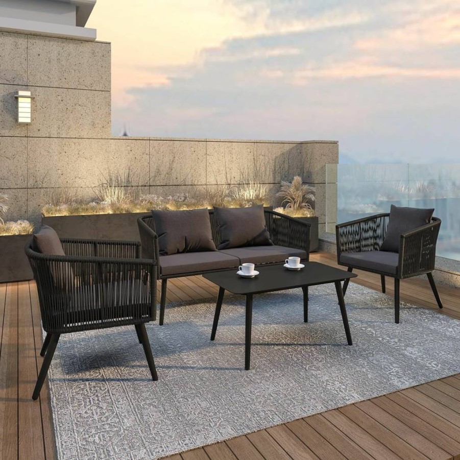 Flash Furniture Kallie 2-Piece Stacking Club Chairs Set - UV-Resistant Black Woven Seats, Gray Zippered Cushions & Aluminum Frame for Indoor Outdoor Use