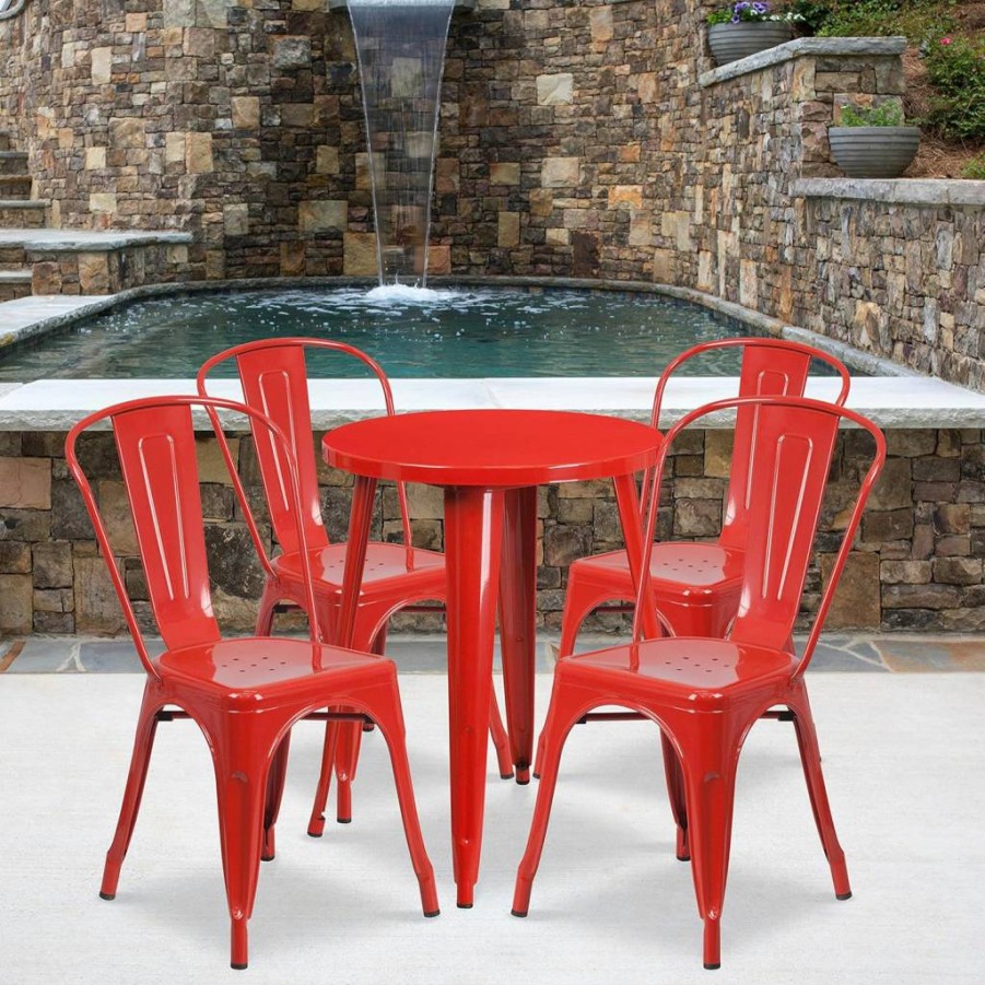 Flash Furniture 24" Round Blue Metal Indoor-Outdoor Dining Table Set with 4 Cafe Chairs - Commercial Grade Patio Furniture