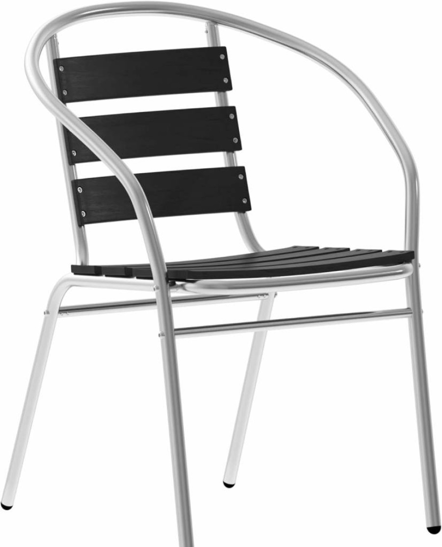 Flash Furniture Lila 4-Pack Stackable Aluminum Chairs for Indoor-Outdoor Use, Faux Teak Triple Slat Back, Commercial Restaurant Seating
