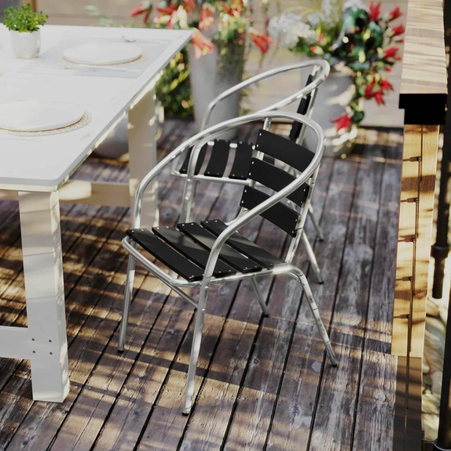 Flash Furniture Lila 4-Pack Stackable Aluminum Chairs for Indoor-Outdoor Use, Faux Teak Triple Slat Back, Commercial Restaurant Seating