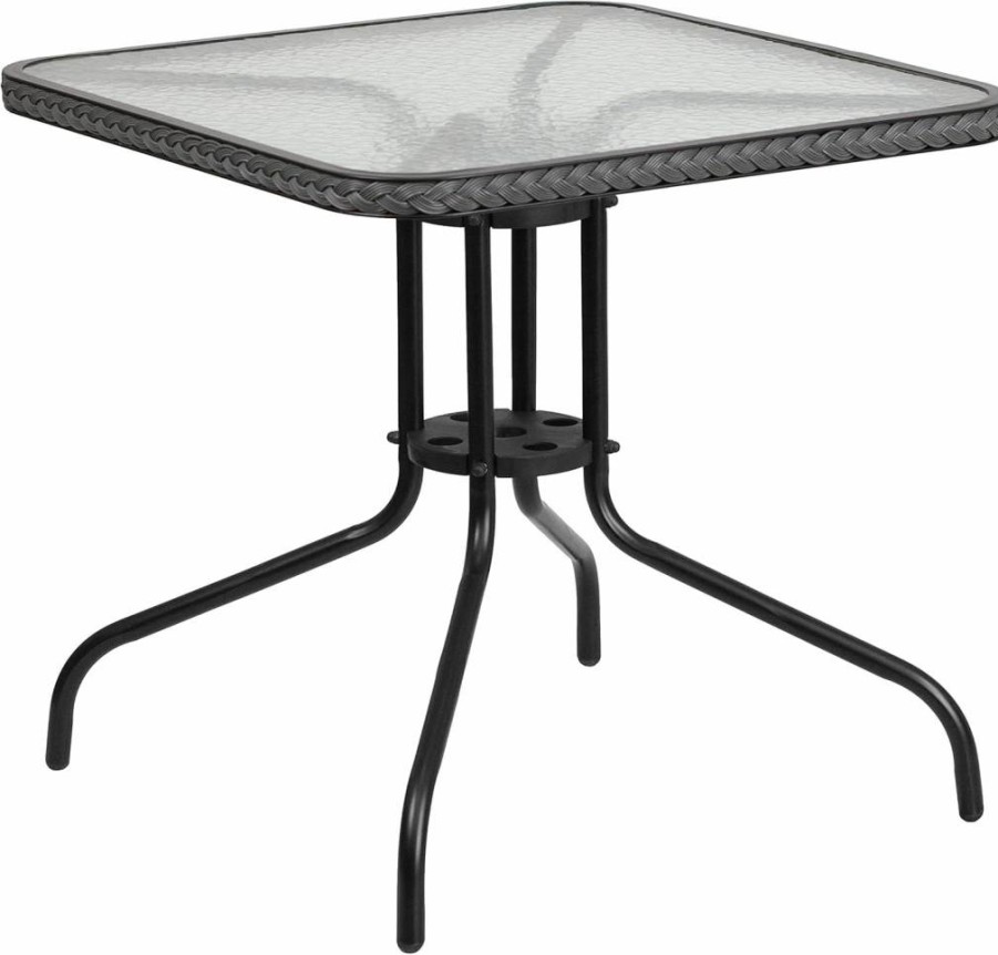 Flash Furniture Barker 28-Inch Square Glass Top Table with Gray Rattan Frame - Modern Metal Base Dining or Bistro Table