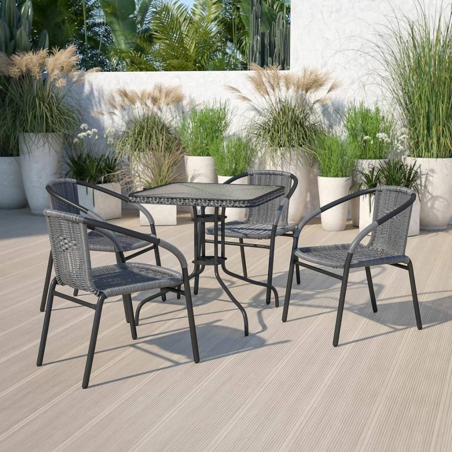 Flash Furniture Barker 28-Inch Square Glass Top Table with Gray Rattan Frame - Modern Metal Base Dining or Bistro Table