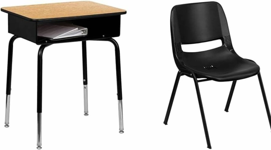 Flash Furniture Adjustable Student Desk with Ergonomic Chair - Hercules Series 440 lb Capacity, Open Front Design for Classroom or Remote Learning, Black Shell Stackable School Desk Set