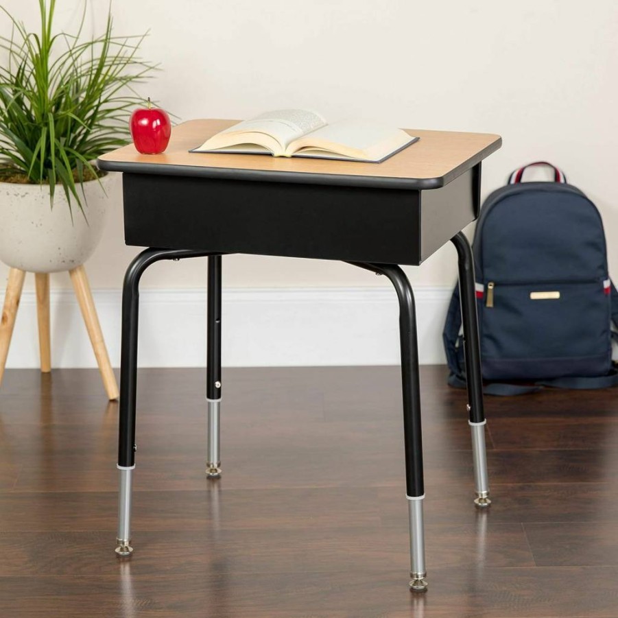 Flash Furniture Adjustable Student Desk with Ergonomic Chair - Hercules Series 440 lb Capacity, Open Front Design for Classroom or Remote Learning, Black Shell Stackable School Desk Set