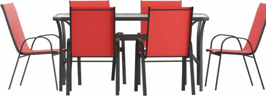 Flash Furniture Brazos 60" Outdoor Dining Set with Tempered Glass Table, 6 Stackable Chairs, Flex Comfort Seats, Gray/Black Patio Furniture for Commercial Use